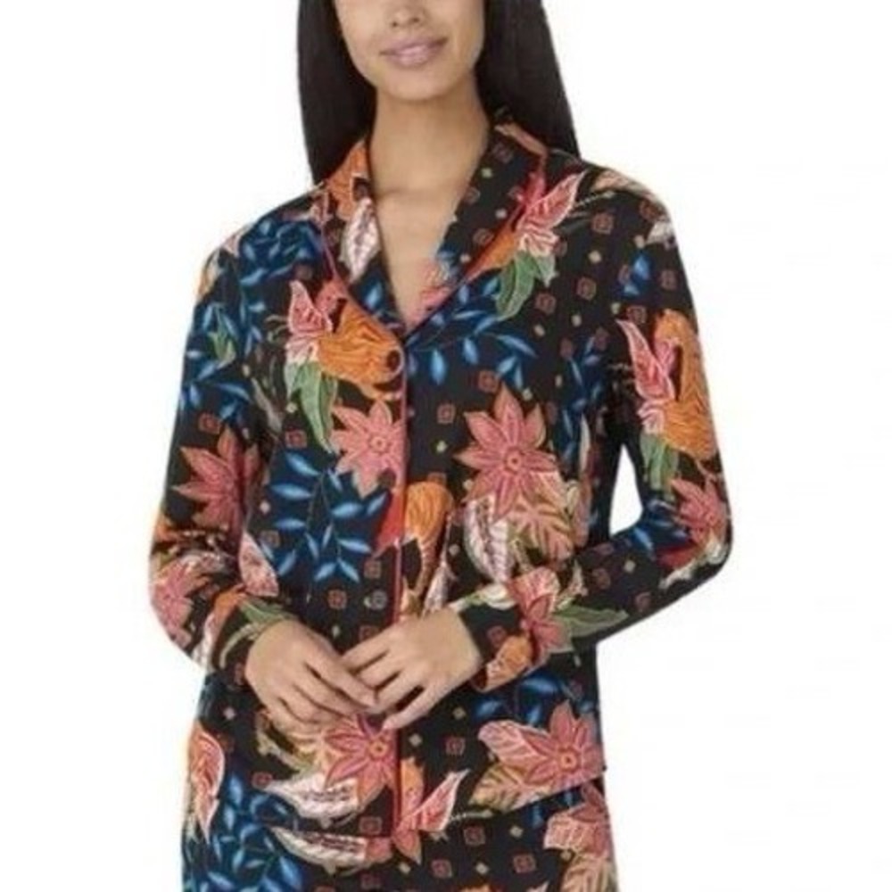 Room Service Pajama Top Tiger Tropical Print Women Black Floral Print Sleepwear